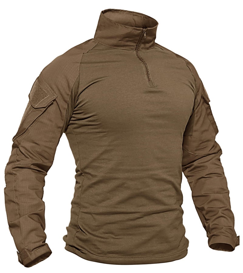 TACVASEN Combat Shirt for Men Long Sleeve Tactical Shirt 1/4 Zip with Pockets Military Pullover Ripstop Army Training Security Paintball Brown M - Image 1