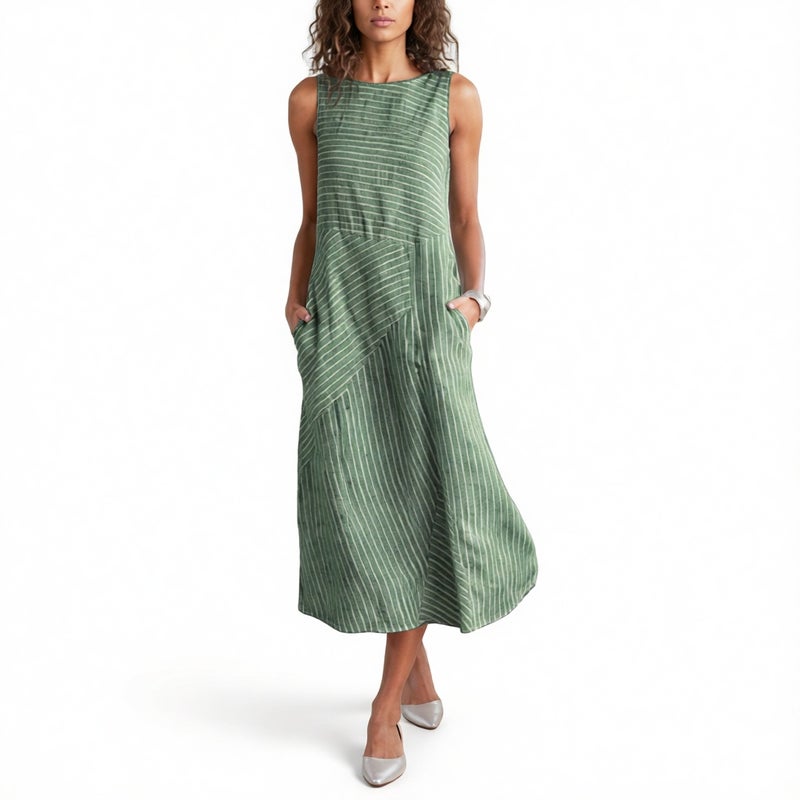Women's Sleeveless Striped Print Round Neck Dress - Image 2