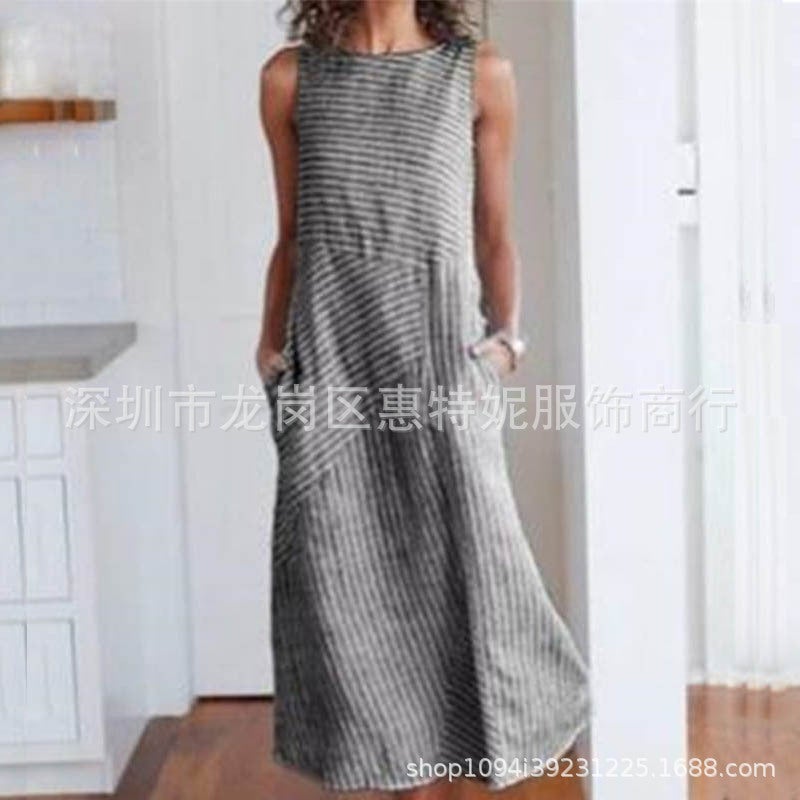 Women's Sleeveless Striped Print Round Neck Dress - Image 3