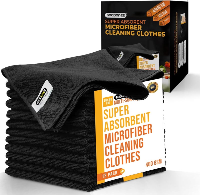 GOODONE2 12 Pack Microfiber Cleaning Cloth | Size 40x40cm | Thickness 400gsm | All Purpose Microfiber Towels - Clean, Dust, Polish, Scrub, Absorbent (Black 12 Pack) - Image 1