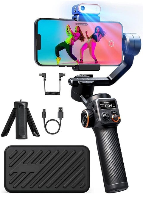 3-Axis Smartphone Gimbal Stabilizer with AI Tracker CCT/RGB Fill Light.Ideal for iPhone and Android this gimbal ensures smooth and stabilized video recording on the go.
