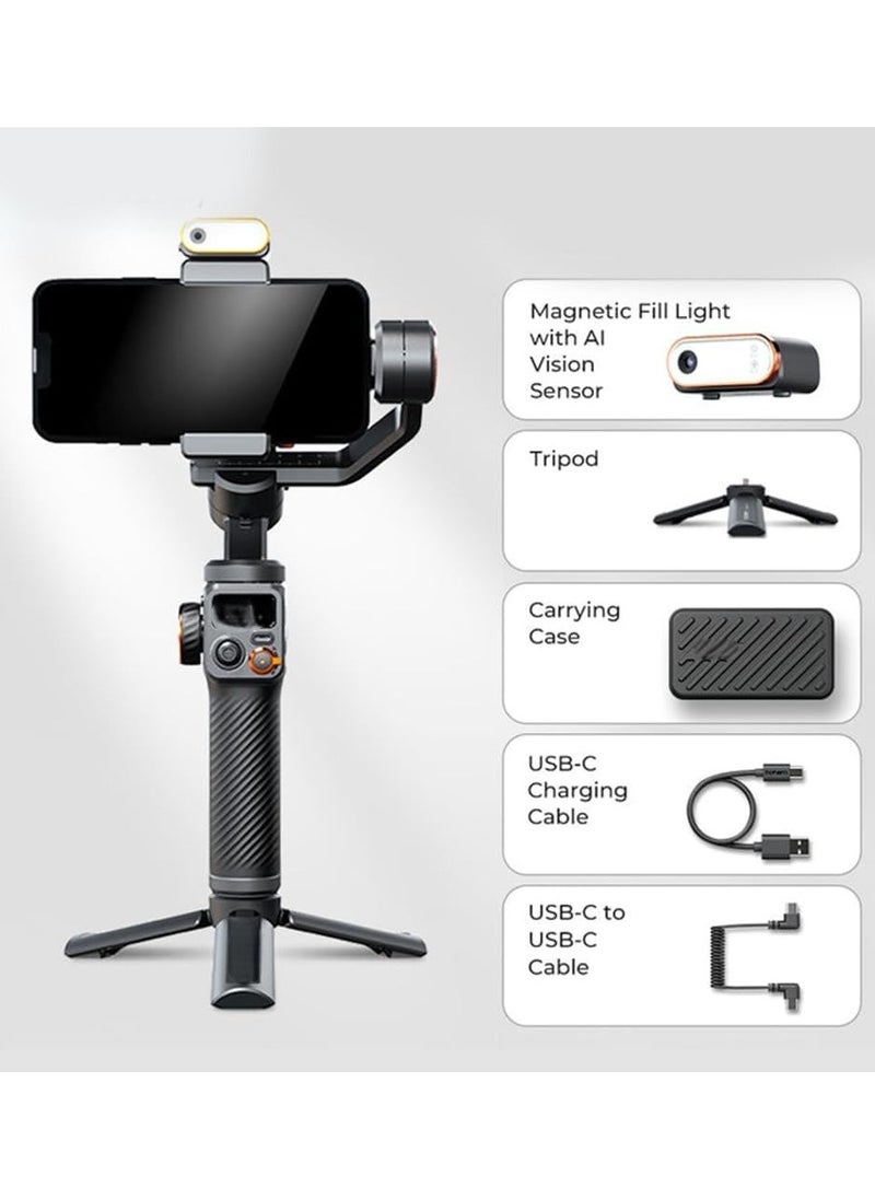 3-Axis Smartphone Gimbal Stabilizer with AI Tracker CCT/RGB Fill Light.Ideal for iPhone and Android this gimbal ensures smooth and stabilized video recording on the go.