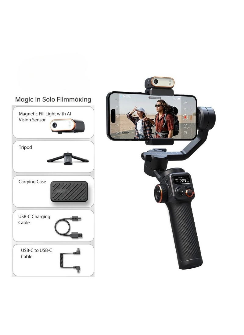 3-Axis Smartphone Gimbal Stabilizer with AI Tracker CCT/RGB Fill Light.Ideal for iPhone and Android this gimbal ensures smooth and stabilized video recording on the go.