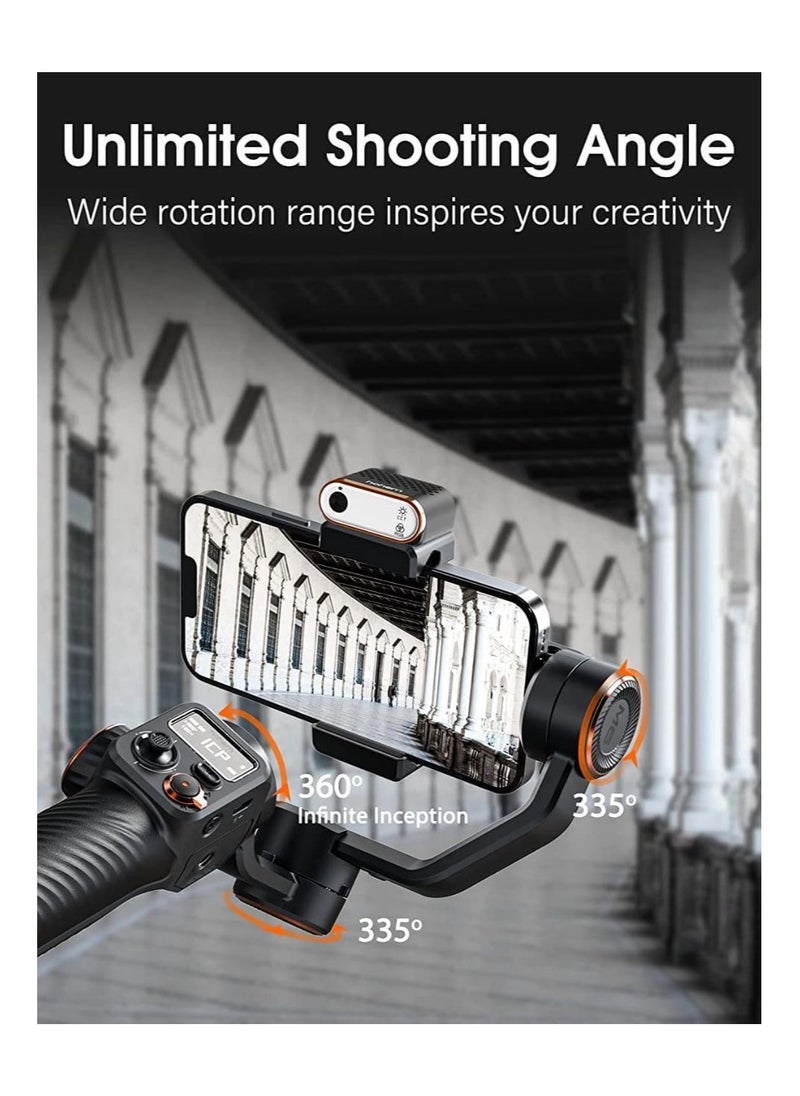 3-Axis Smartphone Gimbal Stabilizer with AI Tracker CCT/RGB Fill Light.Ideal for iPhone and Android this gimbal ensures smooth and stabilized video recording on the go.