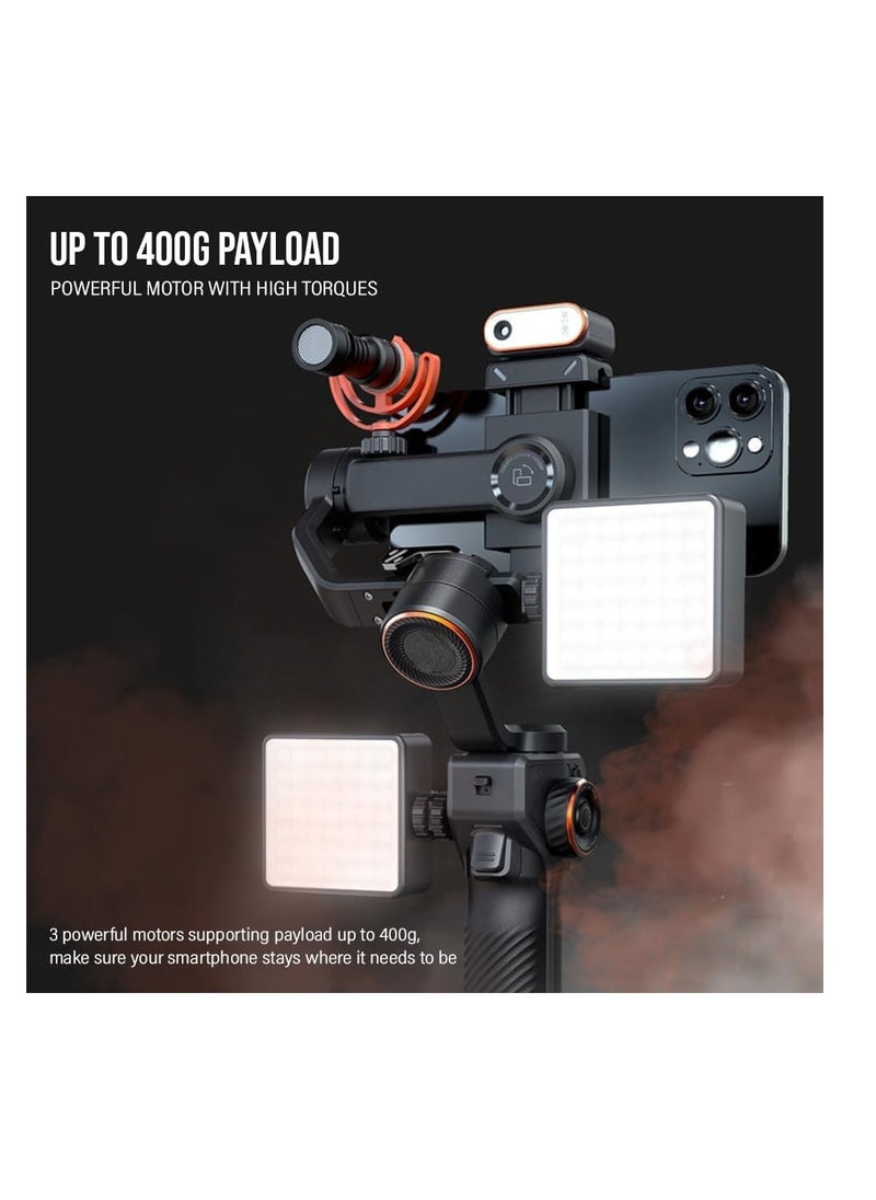 3-Axis Smartphone Gimbal Stabilizer with AI Tracker CCT/RGB Fill Light.Ideal for iPhone and Android this gimbal ensures smooth and stabilized video recording on the go.