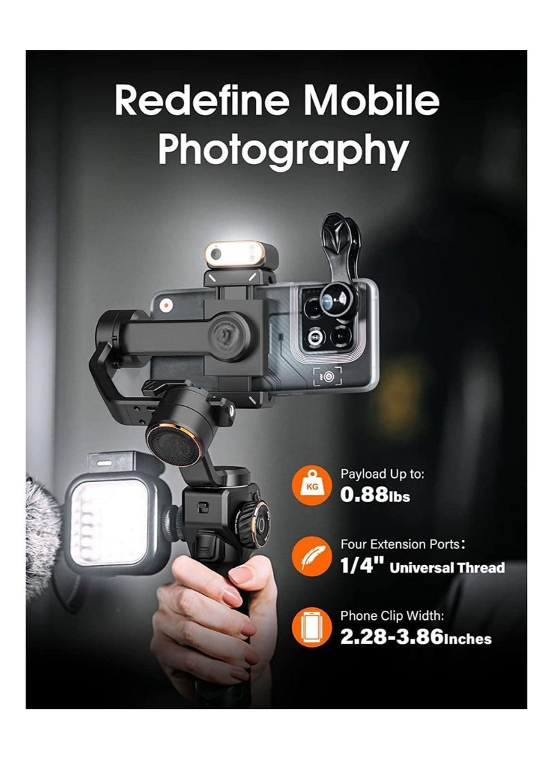 3-Axis Smartphone Gimbal Stabilizer with AI Tracker CCT/RGB Fill Light.Ideal for iPhone and Android this gimbal ensures smooth and stabilized video recording on the go.