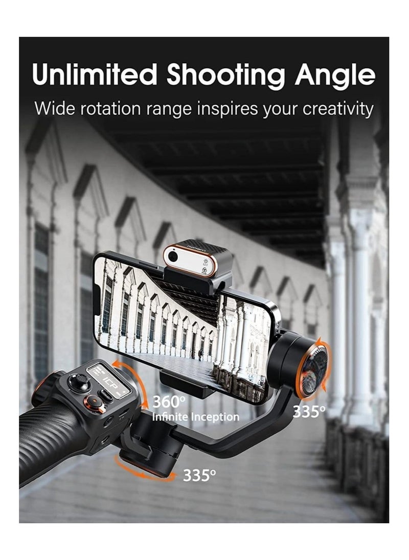 3-Axis Smartphone Gimbal Stabilizer with AI Tracker CCT/RGB Fill Light.Ideal for iPhone and Android this gimbal ensures smooth and stabilized video recording on the go.