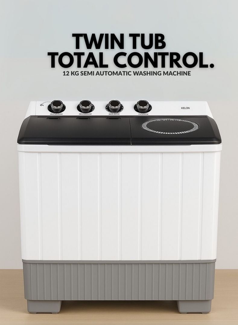 KELON 12 kg Semi-Automatic Washing Machine – Twin Tub Design, High-Capacity Wash And Spin, Powerful Pulsator, Water And Energy Efficient, Rust-Resistant Body, Low Noise Operation, White Finish – KWSBE121 White - Image 1