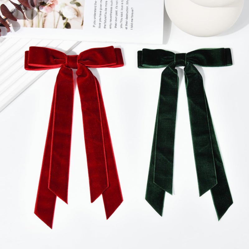 Aileam 2PCS Velvet Hair Bows Ribbon Hair Clip Wine Red Green Accessories Ponytail Holder Accessories Slides Metal Clips Hair Bow for Women Girls Toddlers Teens Kids - Image 2