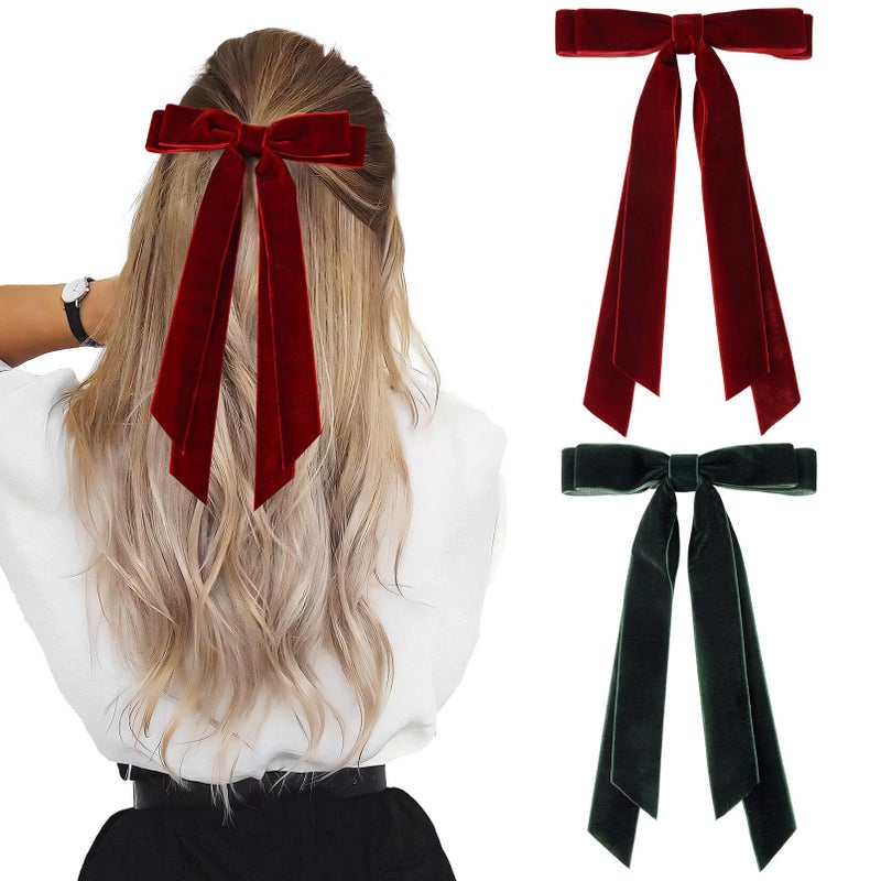 Aileam 2PCS Velvet Hair Bows Ribbon Hair Clip Wine Red Green Accessories Ponytail Holder Accessories Slides Metal Clips Hair Bow for Women Girls Toddlers Teens Kids - Image 1