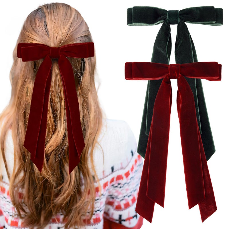 Aileam 2PCS Velvet Hair Bows Ribbon Hair Clip Wine Red Green Accessories Ponytail Holder Accessories Slides Metal Clips Hair Bow for Women Girls Toddlers Teens Kids - Image 4