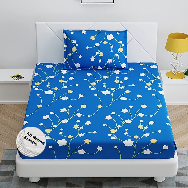 SpangleHomes 100% Soft Glace Cotton Elastic Fitted Single Bed Bedsheet with 1 Large Pillow Cover(Single Bed 36 X72X6 Inches,Blue Yellow Flower),300 TC - Image 1