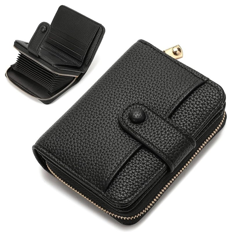 Women’s Short Wallet – Black, Leather, Compact, RFID Blocking, 6 Card Slots, Coin Pocket