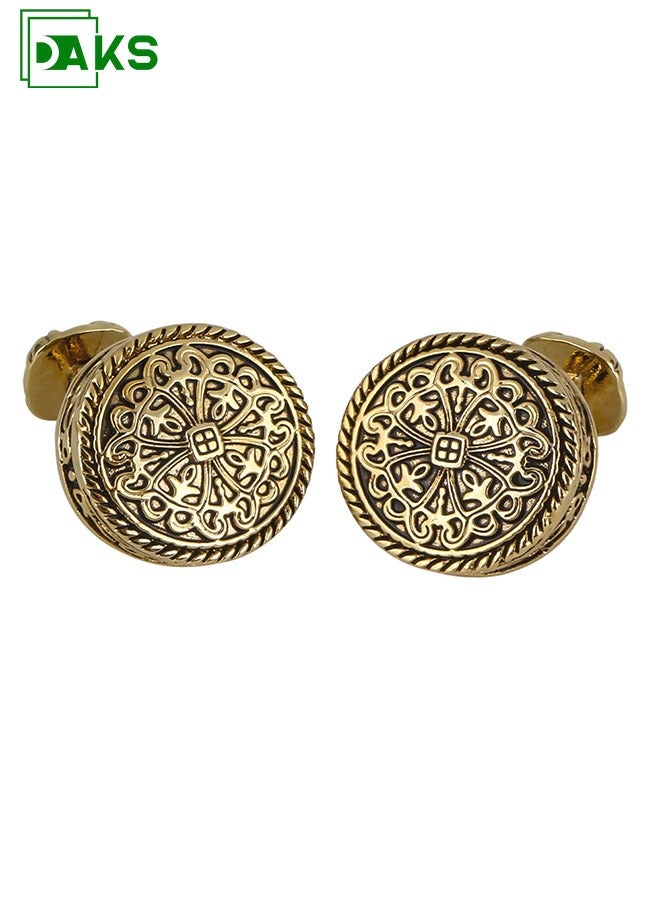 DAKS Vintage Gold Round Cufflinks for Men – Classic Engraved Pattern – Elegant Retro-Style Cufflinks for Business, Weddings, and Formal Attire - Image 1
