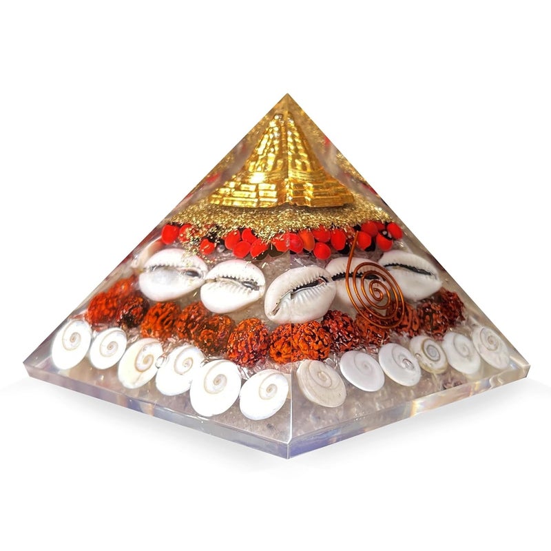 SOLAVA Original Crystal Laxmi Pyramid Crystal Pyramid With Rudraksha Shree Yantra Original Gomati Chakra White Kauri And Ratti Seeds For Vastu Money Wealth Good Luck And Prosperity 35 Inch - Image 1