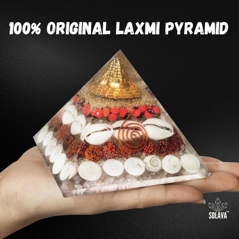 SOLAVA Original Crystal Laxmi Pyramid Crystal Pyramid With Rudraksha Shree Yantra Original Gomati Chakra White Kauri And Ratti Seeds For Vastu Money Wealth Good Luck And Prosperity 35 Inch - Image 2