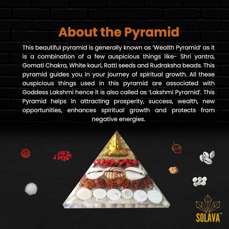 SOLAVA Original Crystal Laxmi Pyramid Crystal Pyramid With Rudraksha Shree Yantra Original Gomati Chakra White Kauri And Ratti Seeds For Vastu Money Wealth Good Luck And Prosperity 35 Inch - Image 3