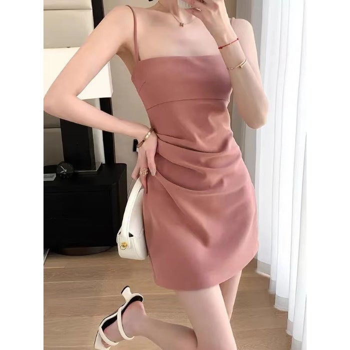 2024 Elegant Spring and Summer New Pleated French Pink dress Waisted High-grade Slimming Split Strap Skirt lotus root starch