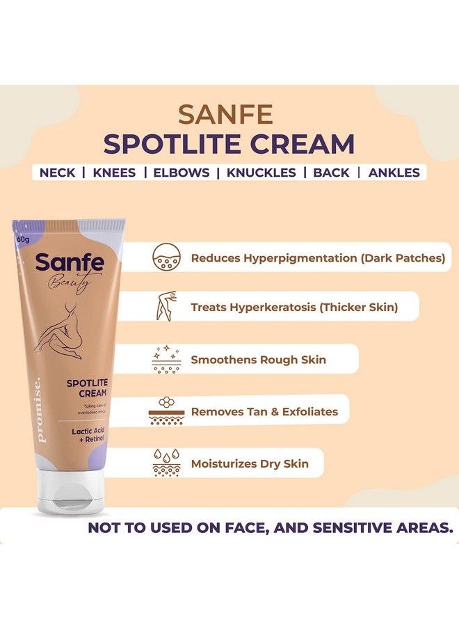 Sanfe - كريم مصل الجسم Spotlite لعلاج مفاصل الرقبة الداكنة وطيات الجلد | غني بحمض اللاكتيك بنسبة 3% والريتينول وعامل حماية من الشمس 15؛ للبقع الداكنة وإزالة السمرة ومكافحة الشيخوخة وشد الجلد 60 جرام | للبشرة الهندية - Image 1