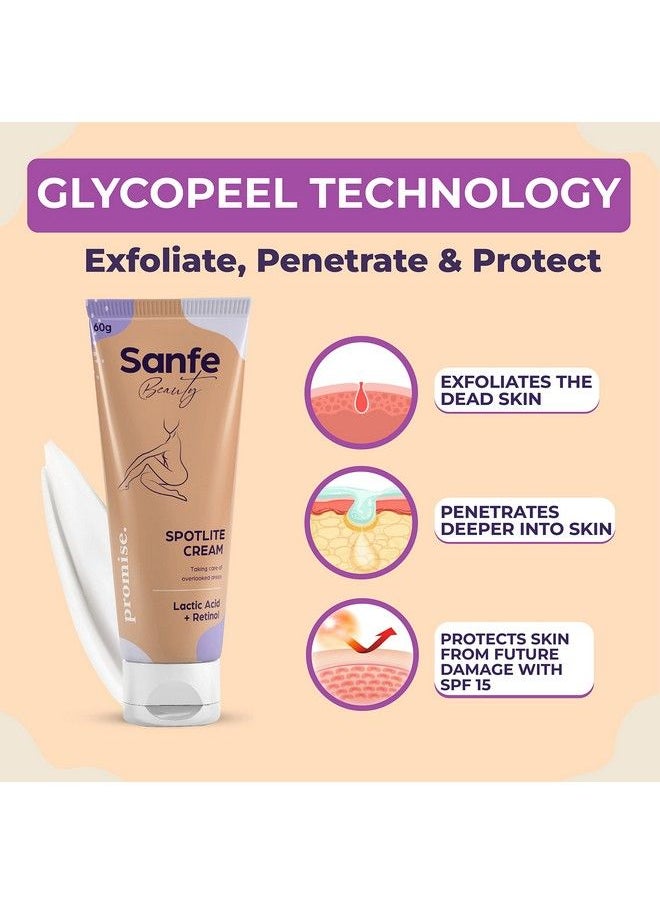 Sanfe - كريم مصل الجسم Spotlite لعلاج مفاصل الرقبة الداكنة وطيات الجلد | غني بحمض اللاكتيك بنسبة 3% والريتينول وعامل حماية من الشمس 15؛ للبقع الداكنة وإزالة السمرة ومكافحة الشيخوخة وشد الجلد 60 جرام | للبشرة الهندية - Image 1