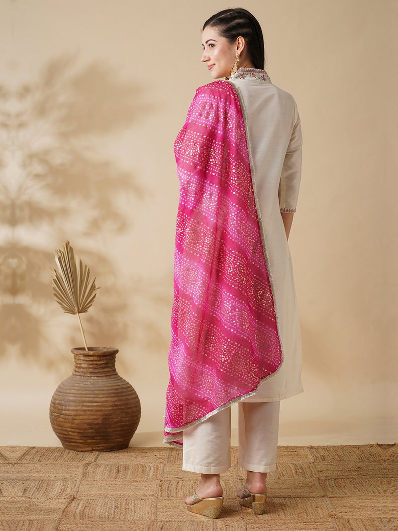 globus Globus Women Embroidered V-Neck Straight Kurta With Pants & Bandhani Dupatta Festive Set  - Image 3