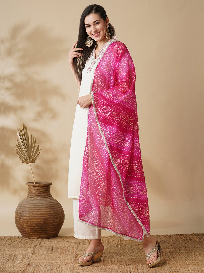 globus Globus Women Embroidered V-Neck Straight Kurta With Pants & Bandhani Dupatta Festive Set  - Image 2
