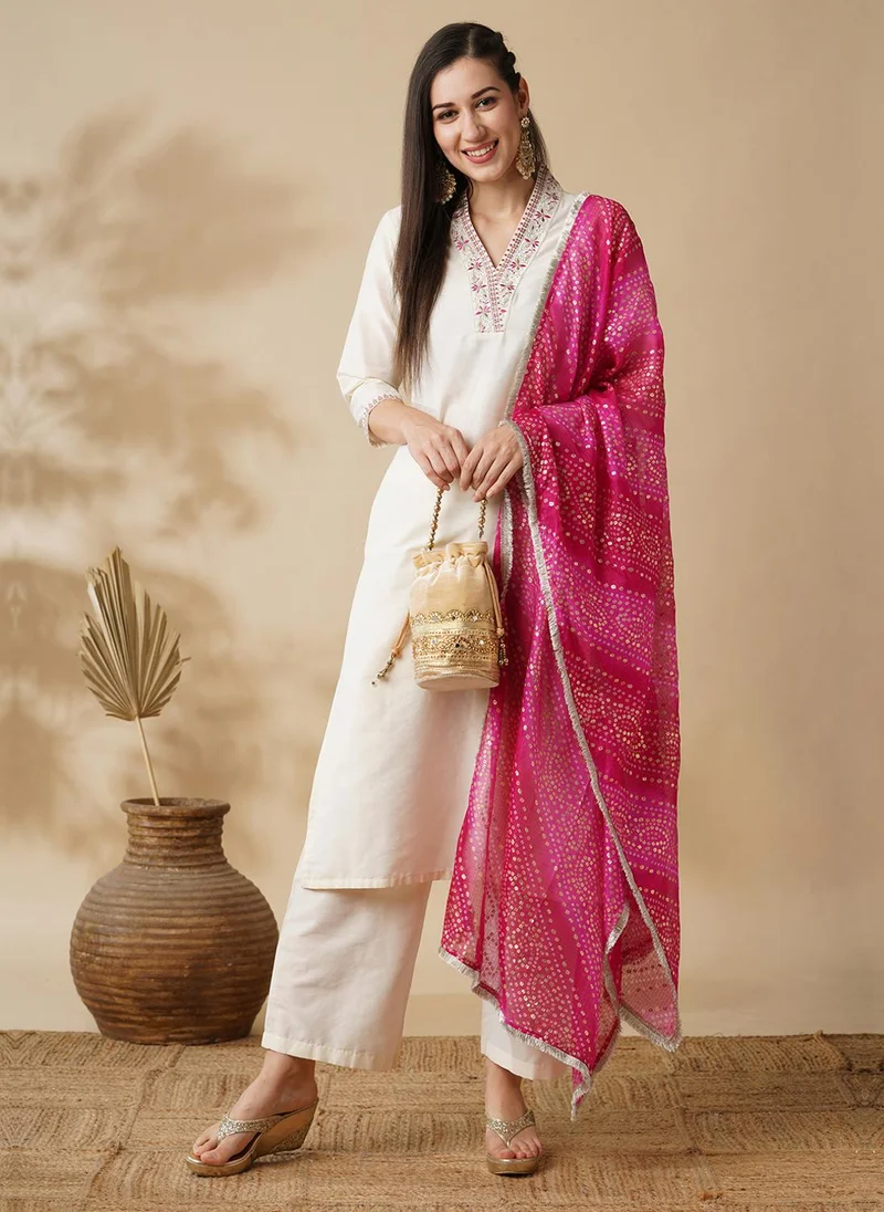 globus Globus Women Embroidered V-Neck Straight Kurta With Pants & Bandhani Dupatta Festive Set