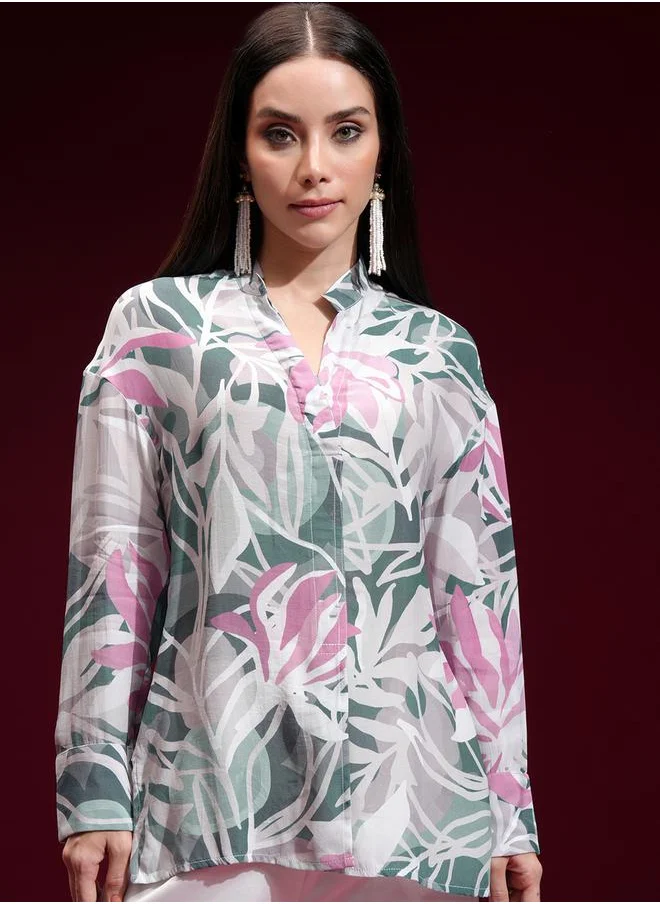 Vishudh Women's Multi Floral Printed Casual Shirt with Stand Collar by Styli