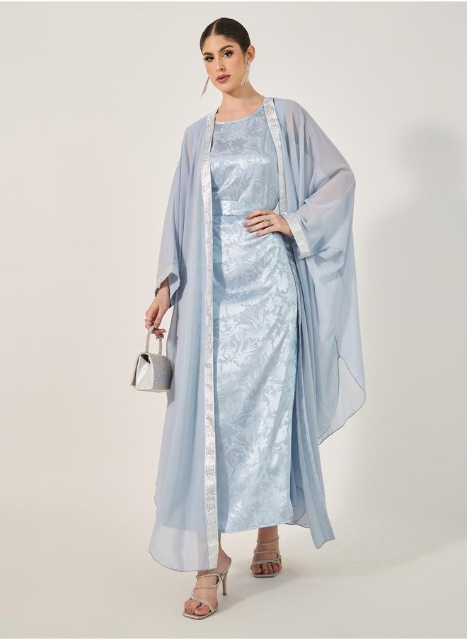 Styli Jacquard Batwing Sleeve Abaya with Inner Belted Dress Set  - Image 2