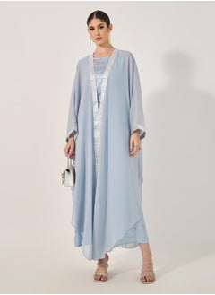 Styli Jacquard Batwing Sleeve Abaya with Inner Belted Dress Set  - Image 1