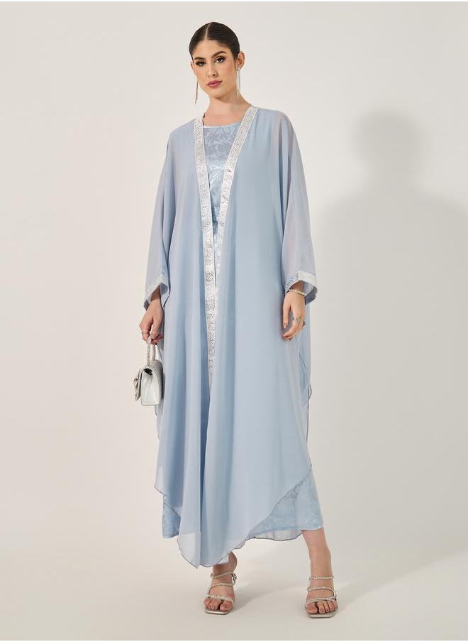 Styli Jacquard Batwing Sleeve Abaya with Inner Belted Dress Set  - Image 1