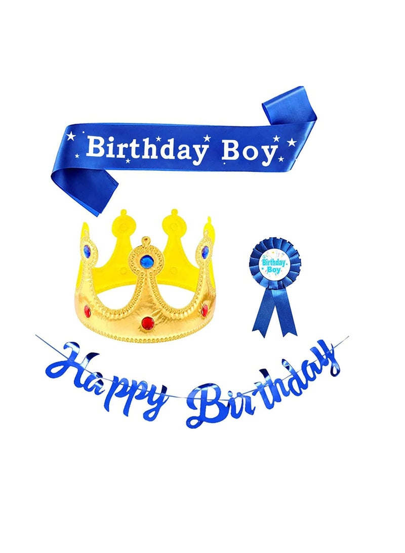 general Birthday King Crown, Birthday Boy Sash and Button Pins Happy Birthday Banner Birthday Boy Party Accessory Set for Boys Birthday Dress-Up Birthday Party Decoration, 4Pcs - Image 1