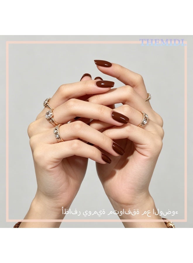finlochee. أظافر مُلصقة بالضغط بلون الكراميل البني الصلب اللامعة، شكل مربع دائري قصير مغلق كامل، أظافر كاذبة بلصق جيلي مقاومة للماء مع ملف أظافر وعصية جلد خشبية، مصنوعة من مادة ABS الصافية غير ضارة وبطول العمر، للارتداء اليومي والمكتب وعيد الفطر والزفاف والصالونات للنساء، 30 قطعة - Image 3