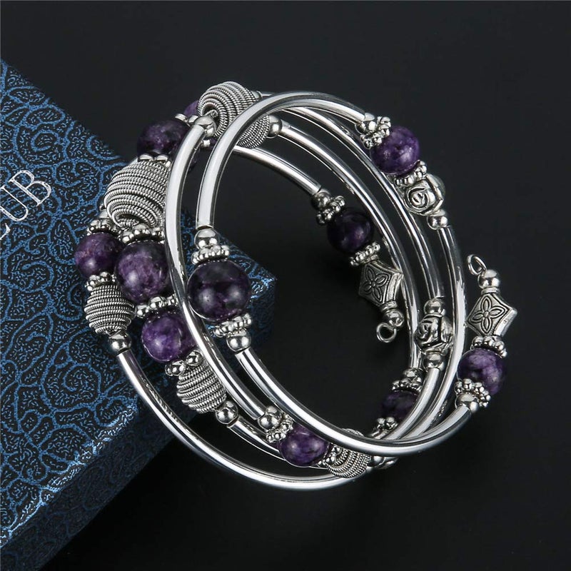 PEARL&CLUB Beaded Chakra Bangle Turquoise Bracelet - Fashion Jewelry Wrap Bracelet with Thick Silver Metal and Mala Beads, Birthday Gifts For Women(Purple) - Image 4
