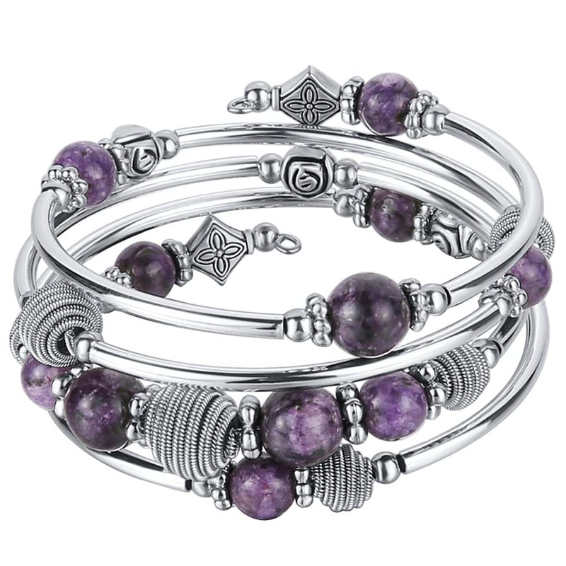 PEARL&CLUB Beaded Chakra Bangle Turquoise Bracelet - Fashion Jewelry Wrap Bracelet with Thick Silver Metal and Mala Beads, Birthday Gifts For Women(Purple) - Image 1