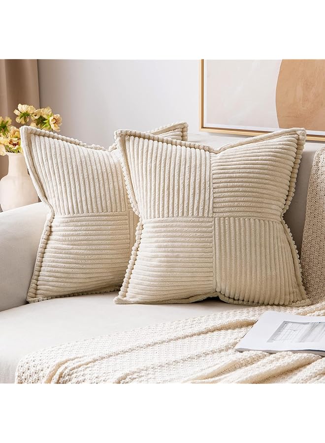 The Bros Pillow Covers, with Splicing Set of 2 Super Soft Boho Striped Pillow Covers, Broadside Decorative Textured Throw Pillows for Spring Couch Cushion Livingroom 18x18 inch, Beige - Image 1