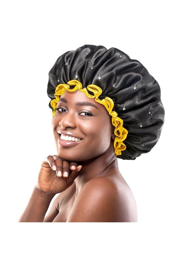 mikimini Extra Large Black Shower Cap for Women and Men Thick Long Hair Braids, Reusable Waterproof Double Layers XL Bathing Hair Caps with Vibrant Yellow Edge (Black)  - Image 1