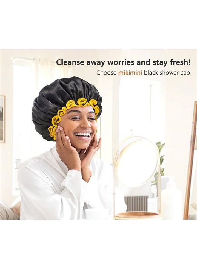 mikimini Extra Large Black Shower Cap for Women and Men Thick Long Hair Braids, Reusable Waterproof Double Layers XL Bathing Hair Caps with Vibrant Yellow Edge (Black)  - Image 4
