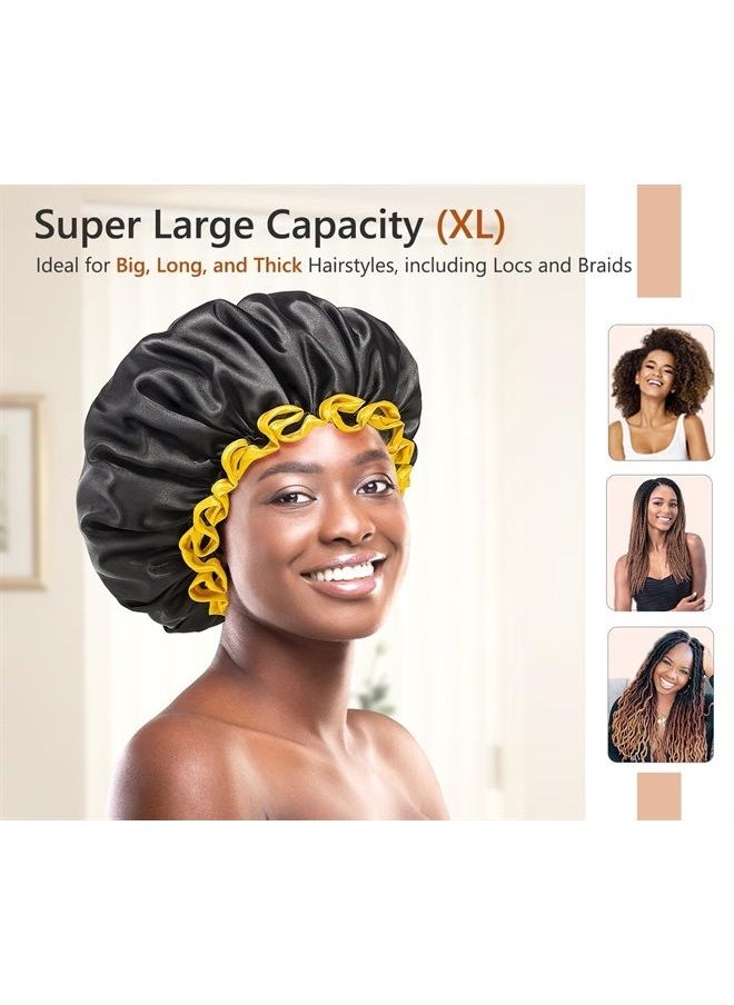 mikimini Extra Large Black Shower Cap for Women and Men Thick Long Hair Braids, Reusable Waterproof Double Layers XL Bathing Hair Caps with Vibrant Yellow Edge (Black)  - Image 2