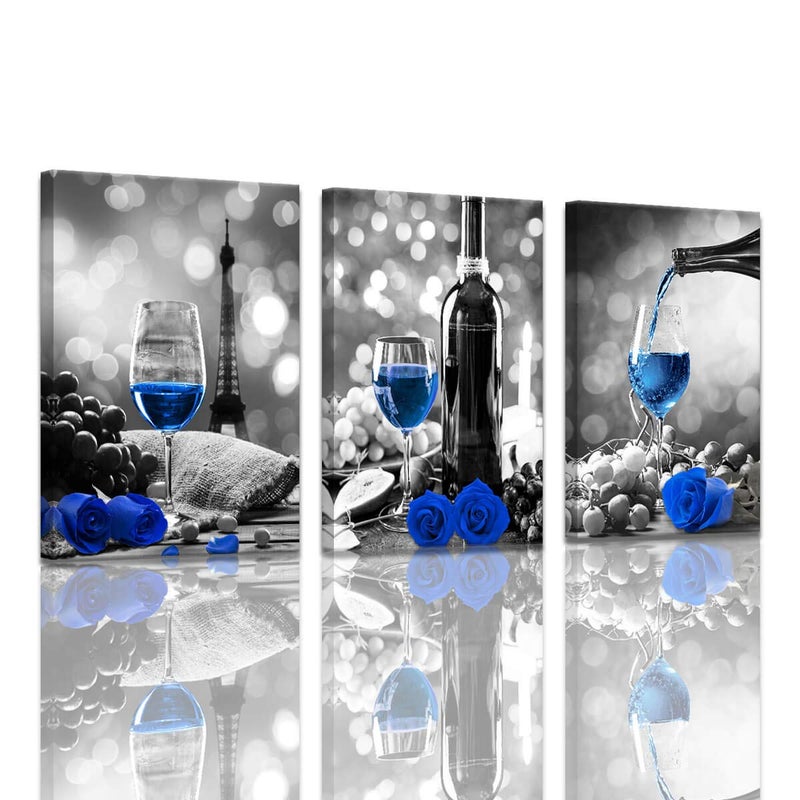 Wine Rose Artwork for Home Walls  Black and White With Blue Wine Painting  Dining Room Decor  Stretched 16x24 Inch