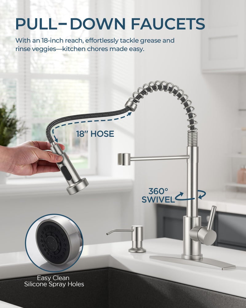 FORIOUS Kitchen Faucet with Soap Dispenser, Burhsed Nickel Stainless Steel Single Handle Modern Spring Commercial Sink Faucet with Pull Down Sprayer for Laundry & Utility Room RV Camp Bar Farmhouse - Image 5