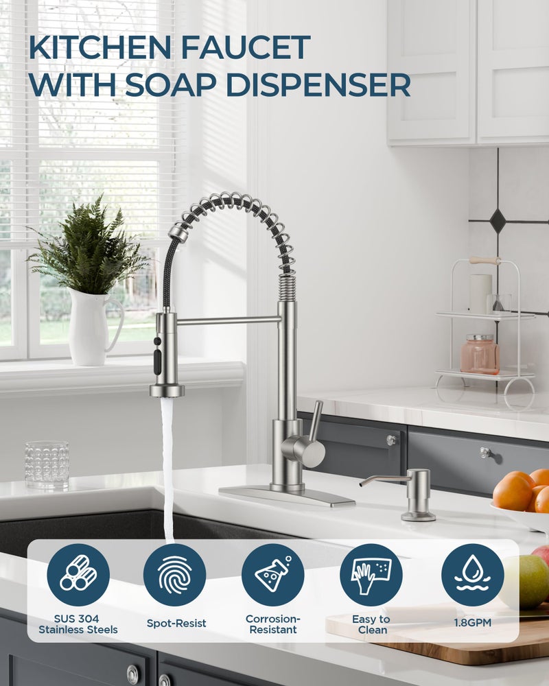 FORIOUS Kitchen Faucet with Soap Dispenser, Burhsed Nickel Stainless Steel Single Handle Modern Spring Commercial Sink Faucet with Pull Down Sprayer for Laundry & Utility Room RV Camp Bar Farmhouse - Image 2