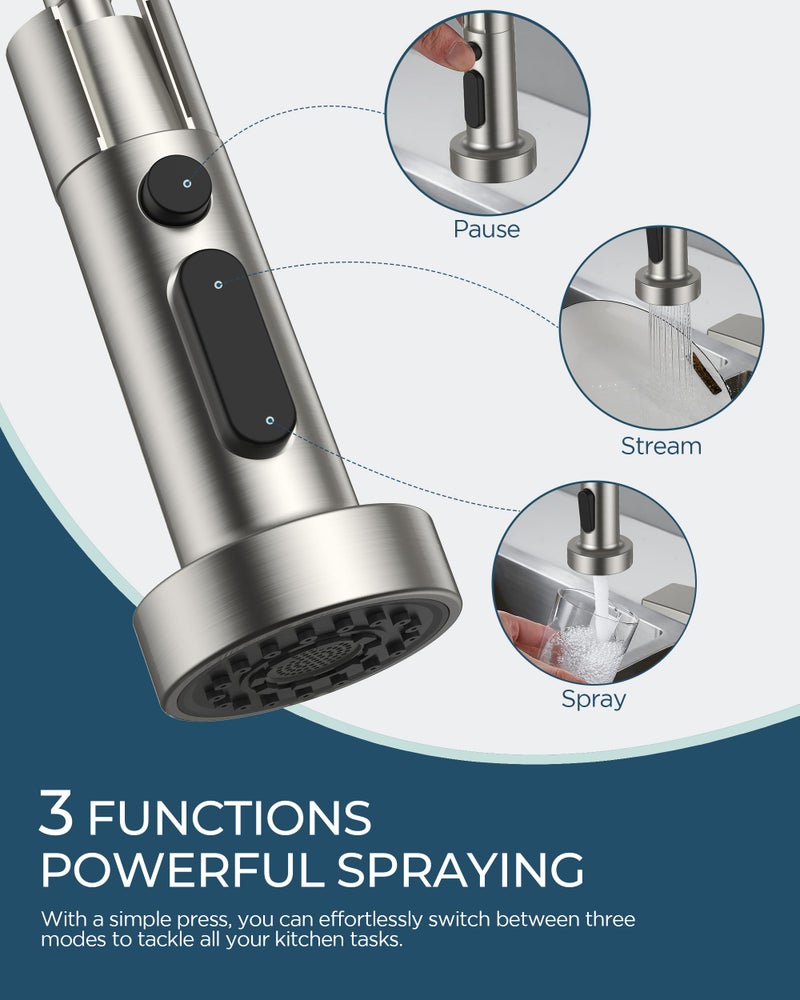 FORIOUS Kitchen Faucet with Soap Dispenser, Burhsed Nickel Stainless Steel Single Handle Modern Spring Commercial Sink Faucet with Pull Down Sprayer for Laundry & Utility Room RV Camp Bar Farmhouse - Image 4