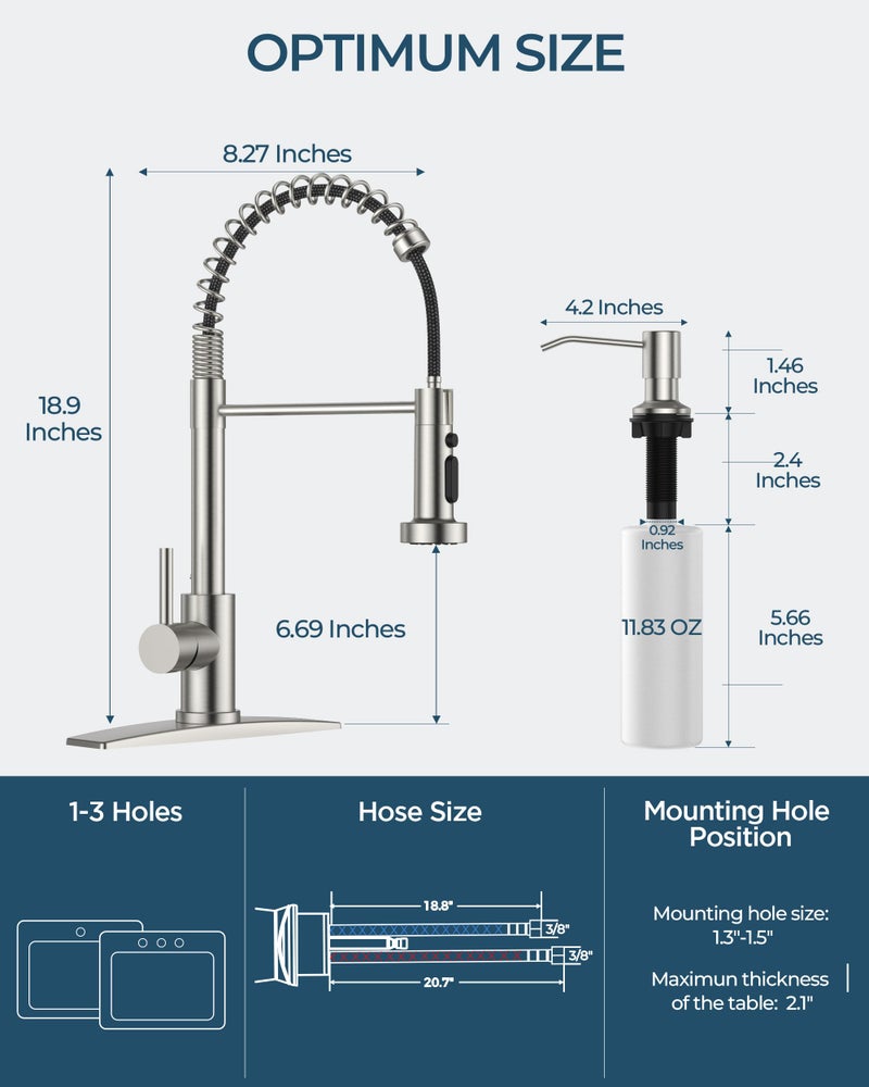 FORIOUS Kitchen Faucet with Soap Dispenser, Burhsed Nickel Stainless Steel Single Handle Modern Spring Commercial Sink Faucet with Pull Down Sprayer for Laundry & Utility Room RV Camp Bar Farmhouse - Image 3