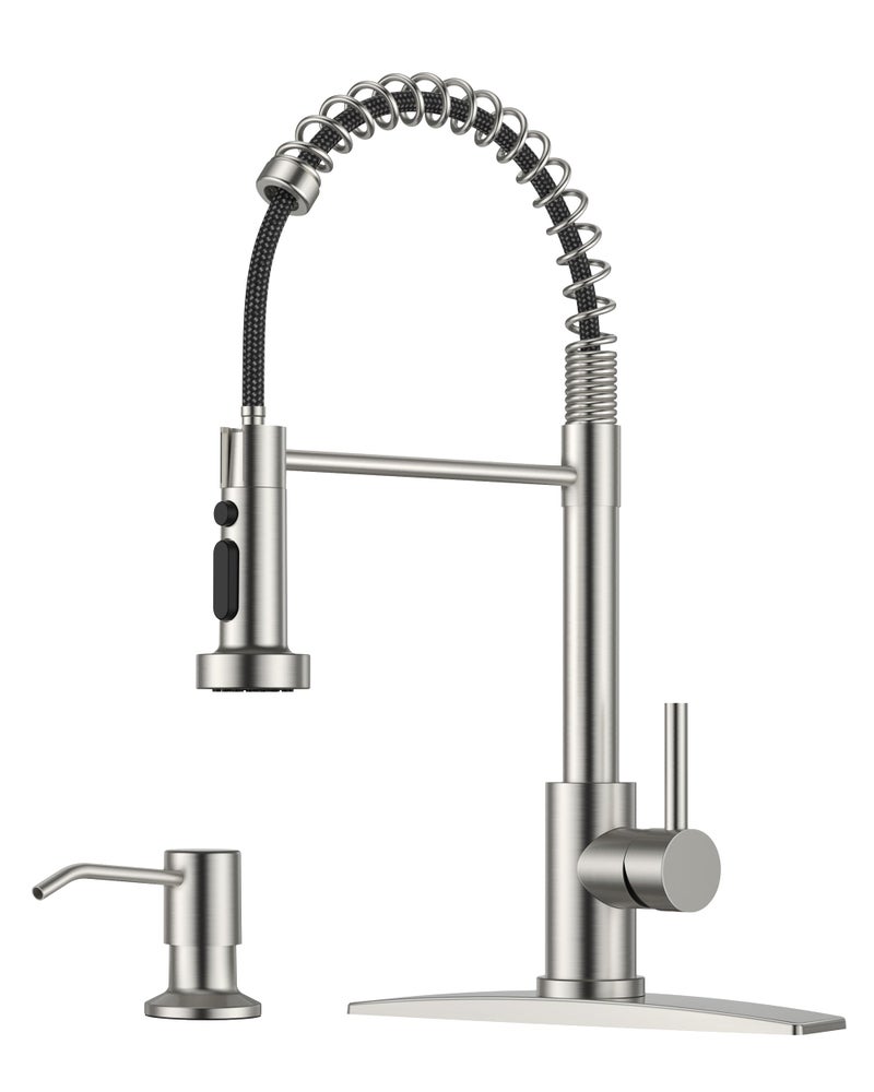 FORIOUS Kitchen Faucet with Soap Dispenser, Burhsed Nickel Stainless Steel Single Handle Modern Spring Commercial Sink Faucet with Pull Down Sprayer for Laundry & Utility Room RV Camp Bar Farmhouse - Image 1