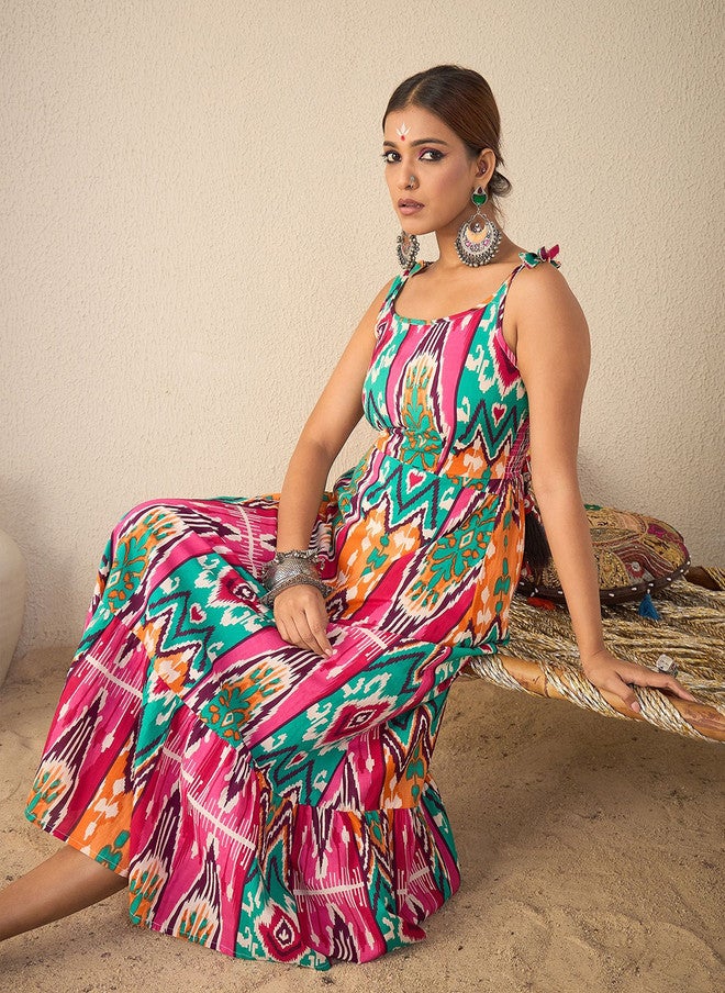 WineRed فستان ماكسي مزين بطباعة إيكات ملونة للنساء - Image 5