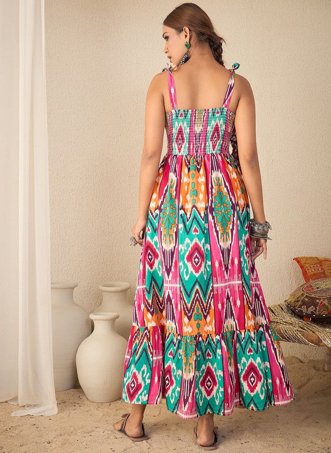 WineRed فستان ماكسي مزين بطباعة إيكات ملونة للنساء - Image 4
