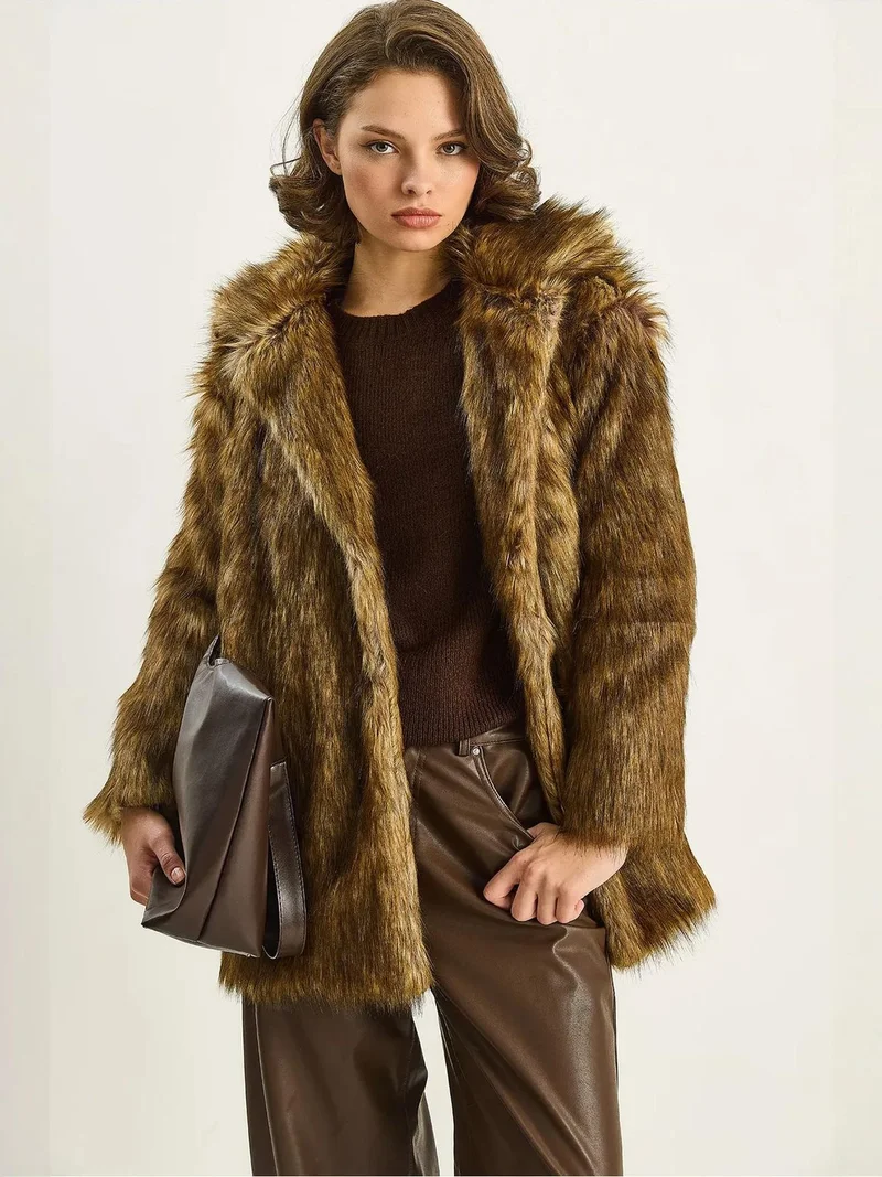 Bianco Lucci Brown LUCCI Faux Fur Coat for Women | Best Price UAE