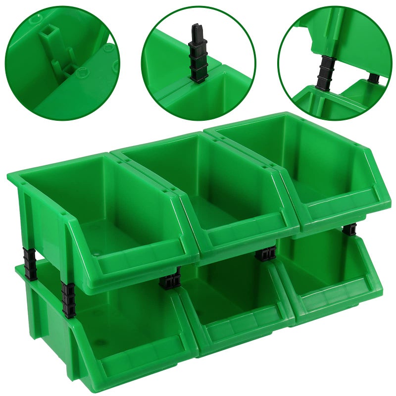 HOIGON 12 Pack Garage Storage Tool Bin, Green Plastic Hanging Stacking Stackable Organizer Storage Rack for Hardware Tools Organization, Workshop, Small Parts, 7.09 x 4.72 x 3.15 Inch - Image 4