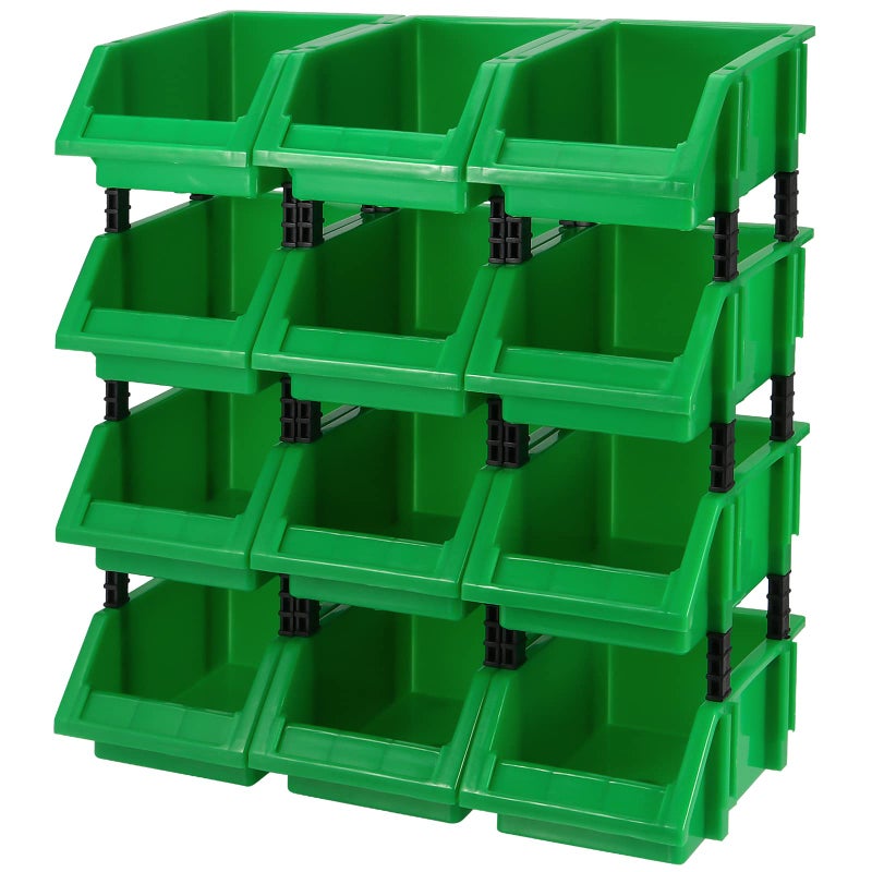 HOIGON 12 Pack Garage Storage Tool Bin, Green Plastic Hanging Stacking Stackable Organizer Storage Rack for Hardware Tools Organization, Workshop, Small Parts, 7.09 x 4.72 x 3.15 Inch - Image 1